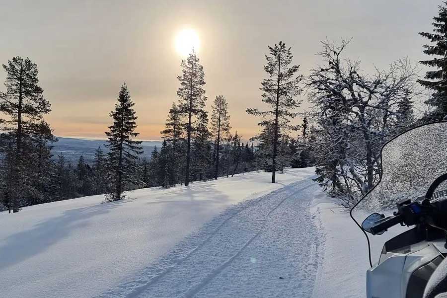 Uitizcht vanaf de sneeuwscooter over de sneeuwde bomen en bergen