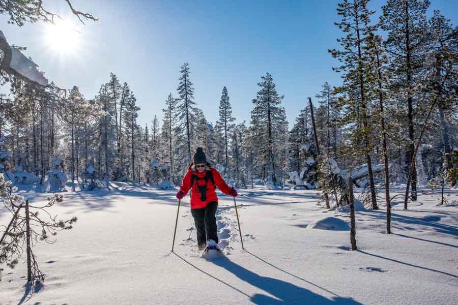 Vrouw op sneeuschoenen in de Zweedse bossen